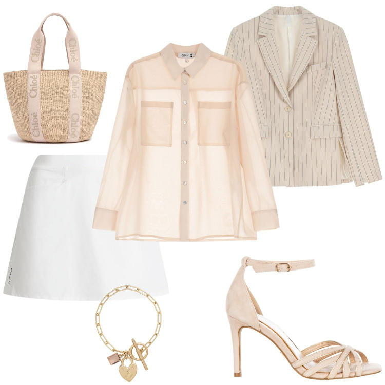Outfit donna - Un ️ con amiche. Stile Casual chic per Tutti i giorni. Abbinamento con sandali col tacco, camicie, blazer, minigonne, braccialetti, shopping bag.