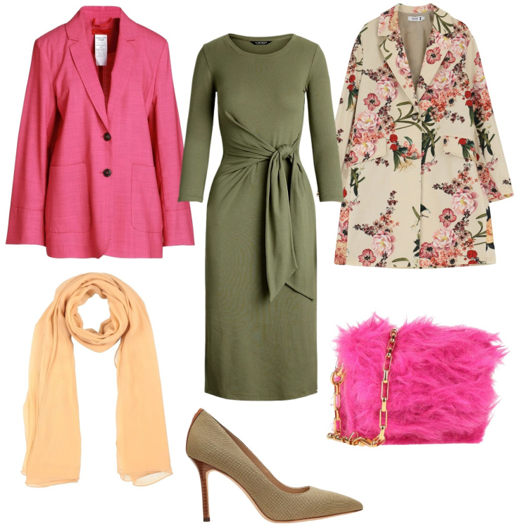 Outfit donna - Elegante in Primavera.. Stile Chic per Cerimonia. Abbinamento con blazer, borse a tracolla, sciarpe, trench, vestiti, décolleté.