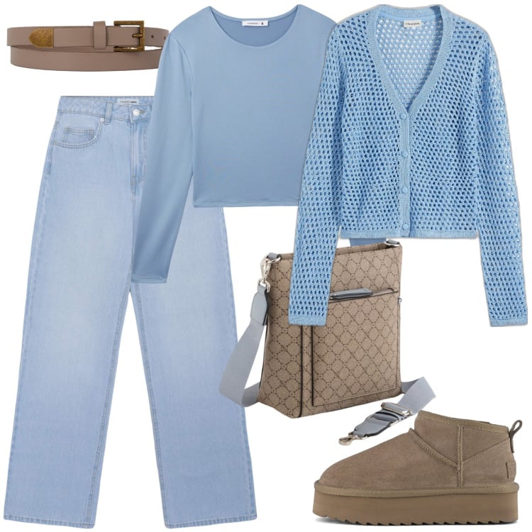 Outfit donna - Total look #2073861. Stile Basic per Tutti i giorni. Abbinamento con cardigans, jeans, t-shirt, stivaletti, cinture, borse a tracolla.