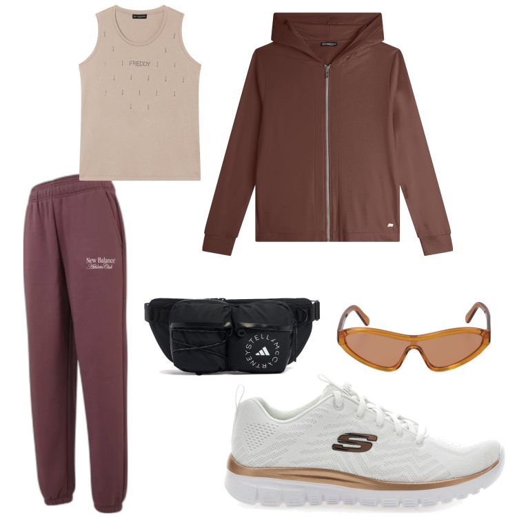 Outfit donna - Jogging. Stile Urban per Tutti i giorni. Abbinamento con pantaloni, felpe con cappuccio, canottiere, sneakers, marsupi, occhiali da sole.