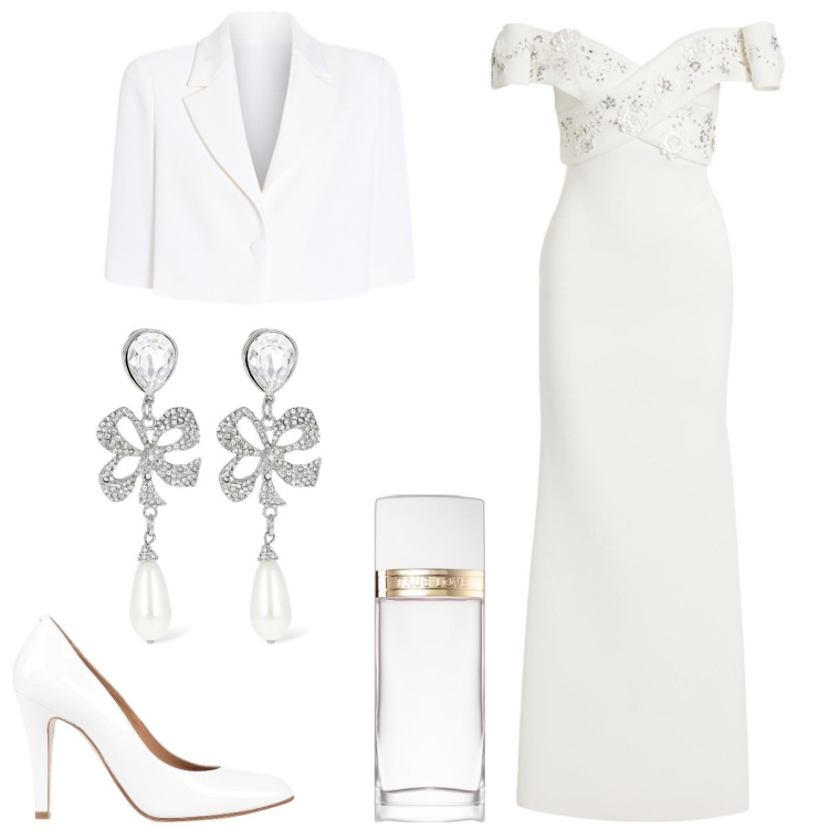 Outfit donna - Sposa di Marzo. Stile Chic per Cerimonia. Abbinamento con vestiti lunghi, décolleté, profumi, cappe, orecchini.