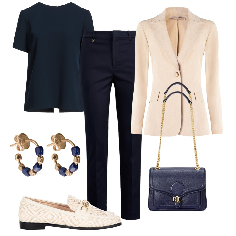 Outfit donna - Pantaloni slim fit glam - @ypila. Stile Glamour per Ufficio. Abbinamento con top, mocassini, blazer, pantaloni, borse a spalla, orecchini.