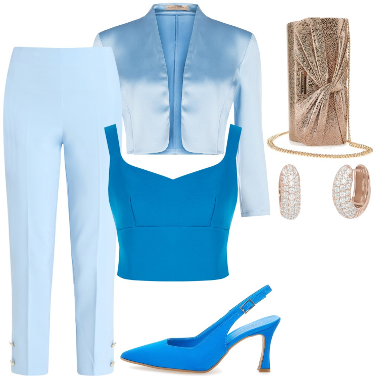 Outfit donna - Battesimo primavera. Stile Sexy per Cerimonia. Abbinamento con orecchini, top, pantaloni, bolero, décolleté, pochette.