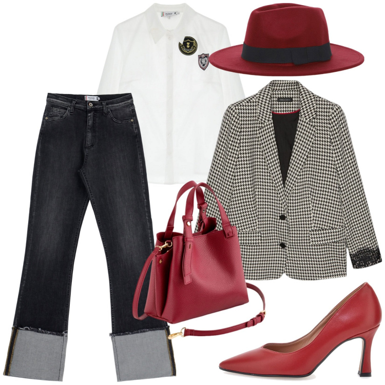 Outfit donna - Jeans straight e Dettagli bordeaux. Stile Trendy per Tutti i giorni. Abbinamento con jeans dritti, camicie, cappelli, décolleté, borse a mano, blazer.