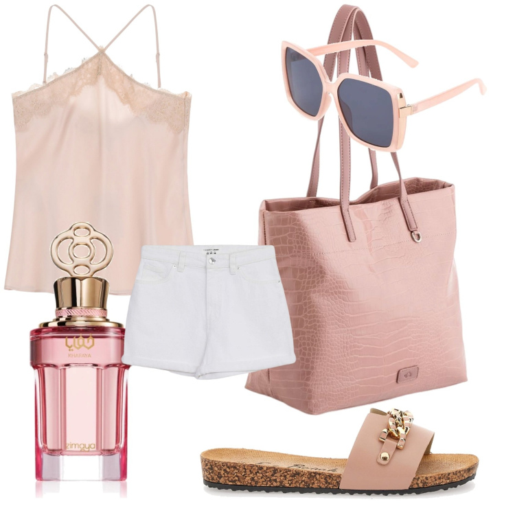 Outfit donna - La primavera nell\'aria. Stile Casual per Tutti i giorni. Abbinamento con profumi, shorts, top, ciabatte, shopping bag, occhiali da sole.