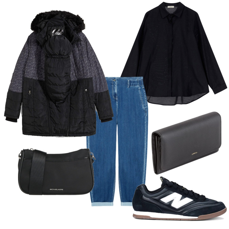 Outfit donna - Nero e jeans. Stile Basic per Tutti i giorni. Abbinamento con blazer, borse a tracolla, sneakers, camicie, jeans, portafogli.