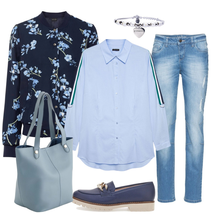 Outfit donna - La camicia trendy. Stile Casual per Tutti i giorni. Abbinamento con bomber, jeans boyfriend, braccialetti, mocassini, shopping bag, camicie.