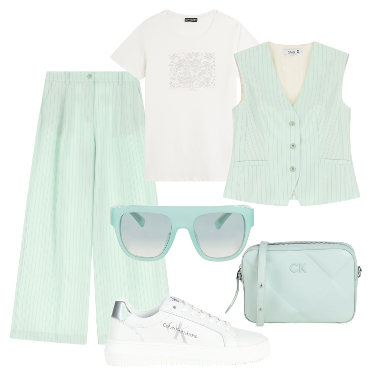 Outfit donna - Gessato verde menta in città. Stile Trendy per Tutti i giorni. Abbinamento con sneakers, occhiali da sole, borse a tracolla, gilet, pantaloni a palazzo, t-shirt.