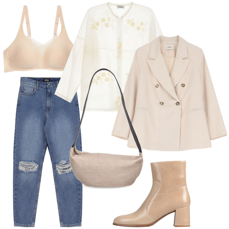 Outfit donna - Total look #2073892. Stile Casual chic per Tutti i giorni. Abbinamento con stivaletti, reggiseni, blazer, jeans strappati, camicie, borse a spalla.