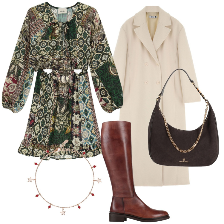 Outfit donna - Total look #2073897. Stile Trendy per Serata fuori. Abbinamento con stivali, borse a spalla, braccialetti con ciondoli, cappotti, vestiti corti.