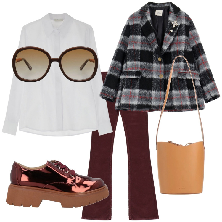 Outfit donna - Total look #2073898. Stile Trendy per Tutti i giorni. Abbinamento con scarpe stringate, occhiali da sole, borse a mano, camicie, blazer, jeans a zampa.