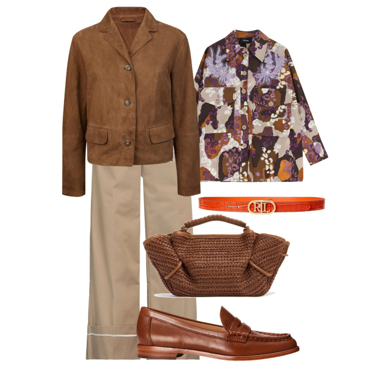 Outfit donna - Color tabacco. Stile Casual chic per Tutti i giorni. Abbinamento con pantaloni, camicie, mocassini, cinture, blazer, borse a mano.