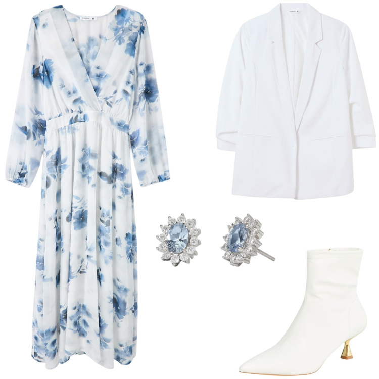 Outfit donna - Total look #2073903. Stile Chic per Cerimonia. Abbinamento con stivaletti, blazer, vestiti lunghi, orecchini.
