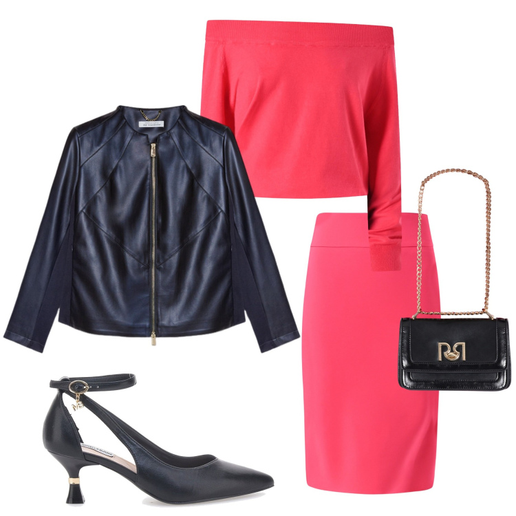 Outfit donna - Gonna midi per la primavera. Stile Chic per Serata fuori. Abbinamento con gonne, maglieria, borse a tracolla, décolleté, blazer.