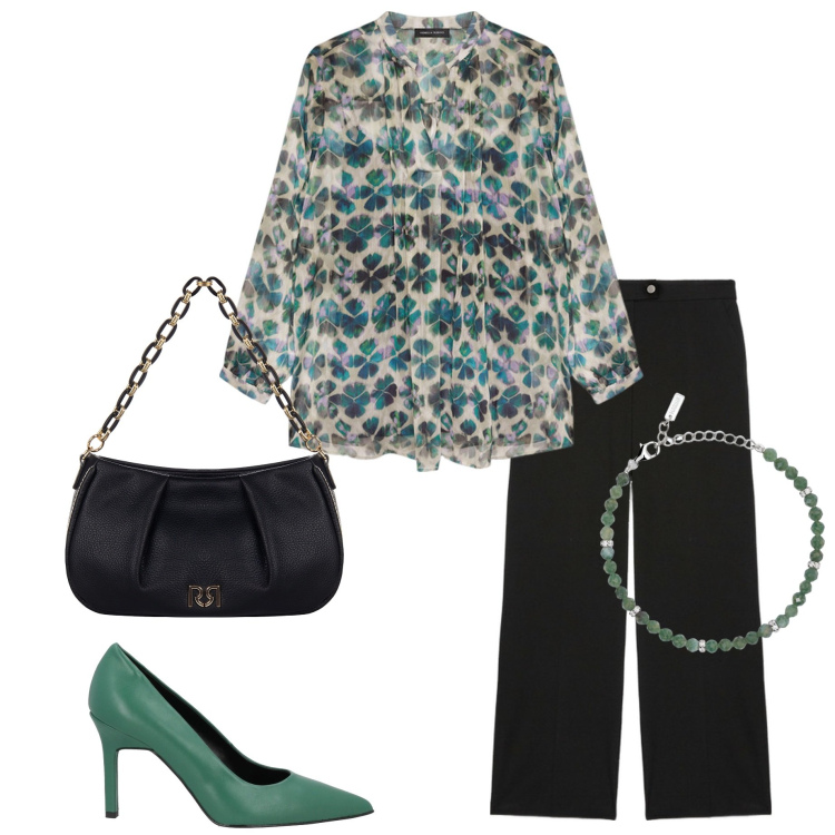 Outfit donna - Bluse fluide e romantiche. Stile Casual chic per Serata fuori. Abbinamento con décolleté, braccialetti, borse a tracolla, bluse, pantaloni a palazzo.