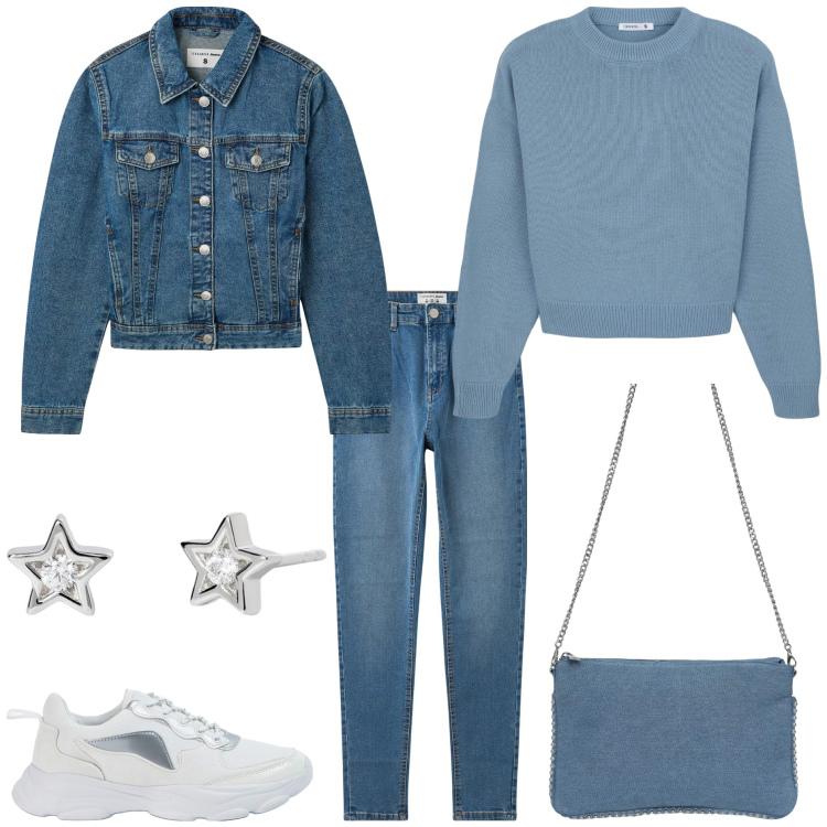 Outfit donna - Terranova primavera basic. Stile Basic per Tutti i giorni. Abbinamento con maglieria, jeans skinny, borse a tracolla, blazer, sneakers, orecchini.