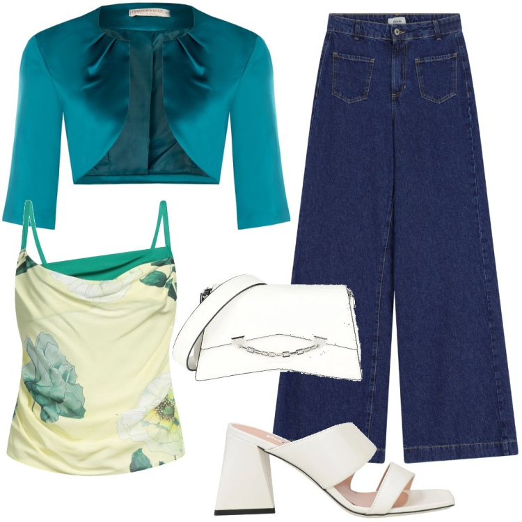 Outfit donna - La primavera sul top. Stile Casual chic per Tutti i giorni. Abbinamento con sandali in pelle, borse a tracolla, top, jeans, bolero.