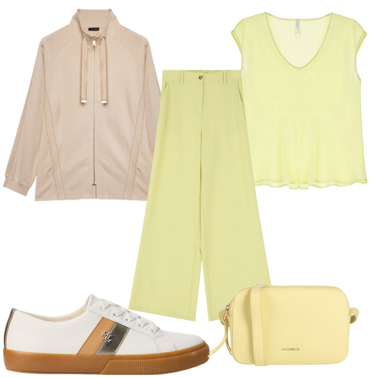 Outfit donna - Pastel Power : giallo è allegria. Stile Trendy per Tutti i giorni. Abbinamento con borse a tracolla, felpe, top, pantaloni a palazzo, sneakers.