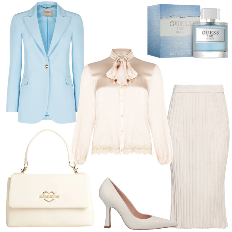 Outfit donna - In bianco e celeste. Stile Chic per Cerimonia. Abbinamento con gonne longuette, borse a mano, décolleté, profumi, blazer, camicie.