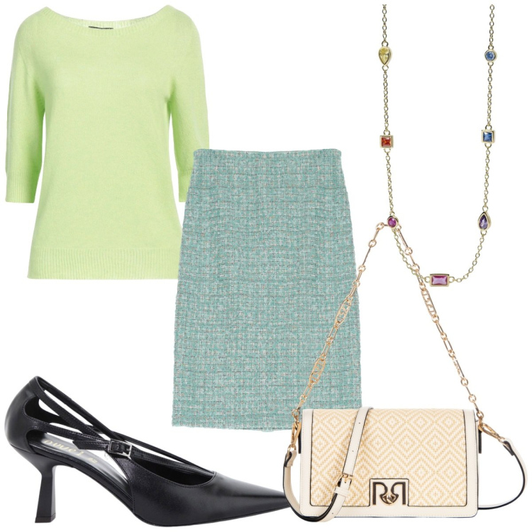 Outfit donna - Pastel Power: verde menta. Stile Trendy per Tutti i giorni. Abbinamento con pullovers, collane, borse a spalla, gonne longuette, décolleté.