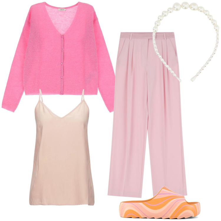 Outfit donna - Bon ton casalingo. Stile Basic per Tutti i giorni. Abbinamento con top, pantaloni, cardigans, cerchietti, ciabatte.