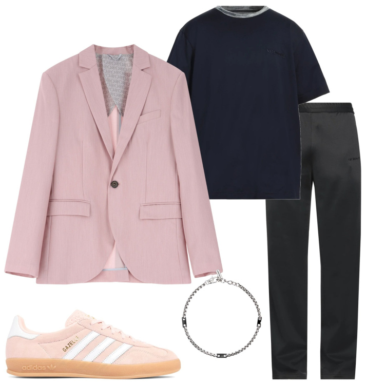 Outfit uomo - Influenza sportiva. Stile Trendy per Serata speciale. Abbinamento con pantaloni, t-shirt, braccialetti, giacche, sneakers.