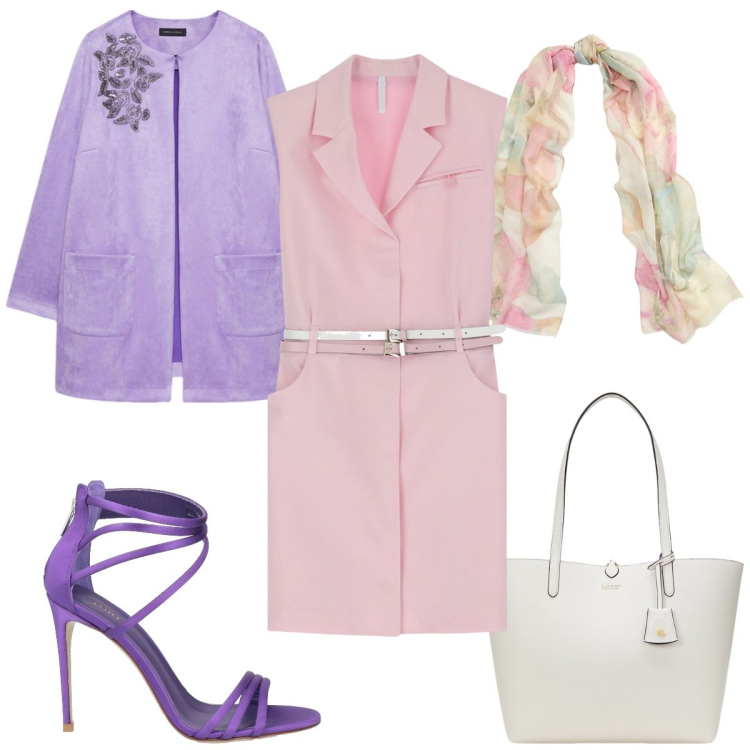 Outfit donna - Pastel Power- lilla romantico. Stile Romantica per Tutti i giorni. Abbinamento con sandali in pelle, vestiti corti, borse tote, sciarpe, trench.