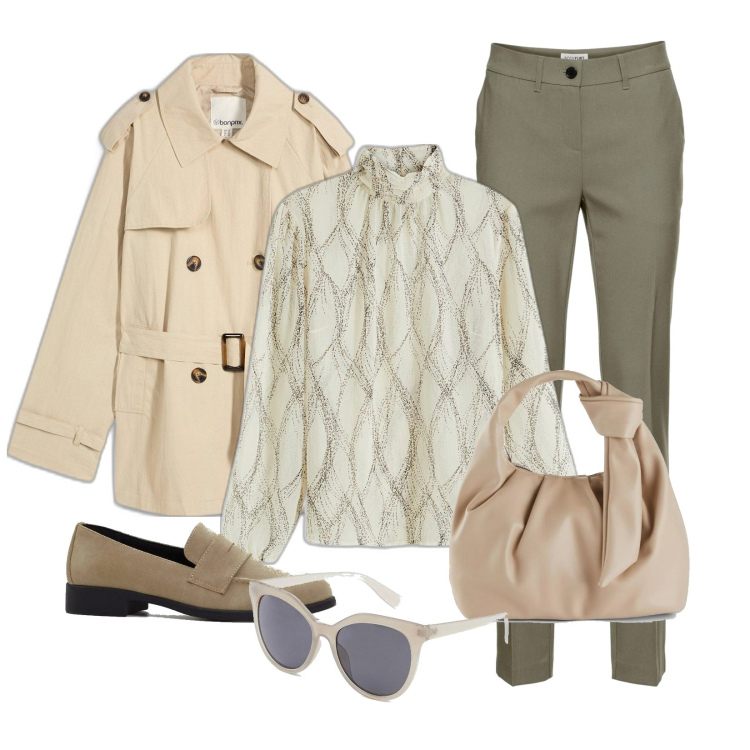 Outfit donna - Aspettando la primavera. Stile Casual per Ufficio. Abbinamento con pantaloni, trench, borse a mano, camicie, mocassini, borse a tracolla.