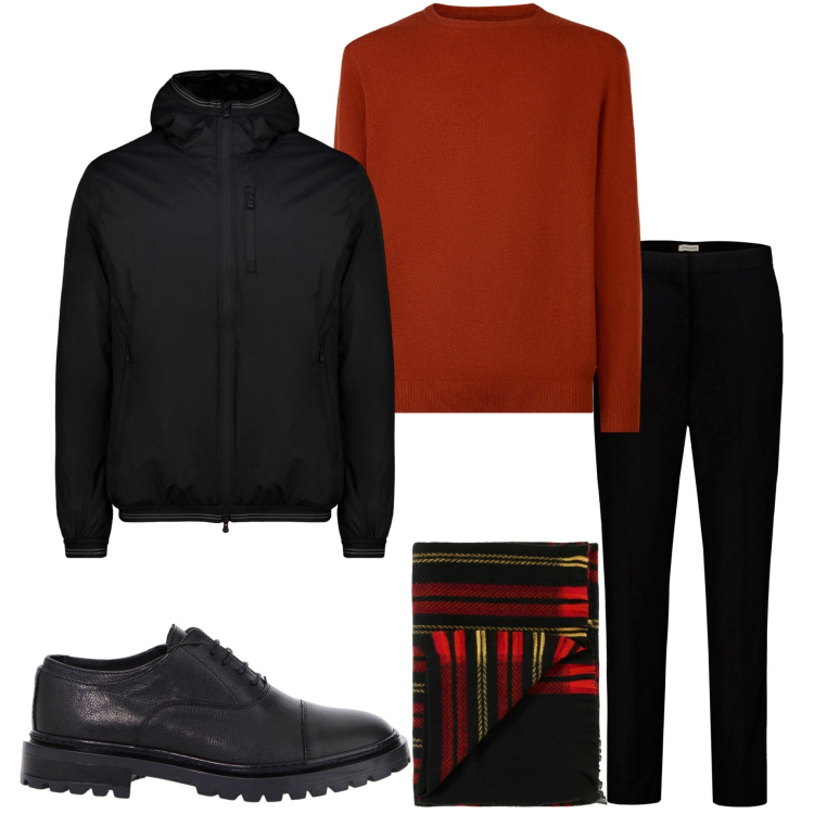 Outfit uomo - Fine inverno. Stile Urban per Ufficio. Abbinamento con scarpe stringate, sciarpe, maglieria, giacche, pantaloni chino.