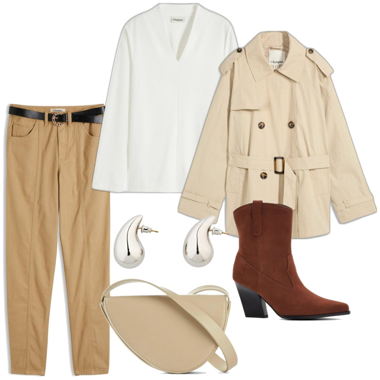 Outfit donna - Stile primaverile. Stile Basic per Tutti i giorni. Abbinamento con trench, pantaloni, maglieria, stivaletti texani, borse a tracolla, orecchini.