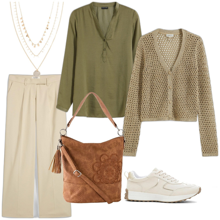 Outfit donna - Toni neutri in primavera. Stile Boho per Tutti i giorni. Abbinamento con borse a mano, sneakers, collane, cardigans, bluse, pantaloni.