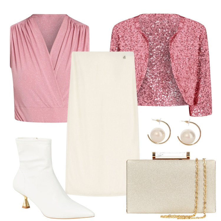 Outfit donna - Delicate paillettes. Stile Chic per Serata fuori. Abbinamento con stivaletti, canottiere, clutch, blazer, gonne longuette, orecchini.