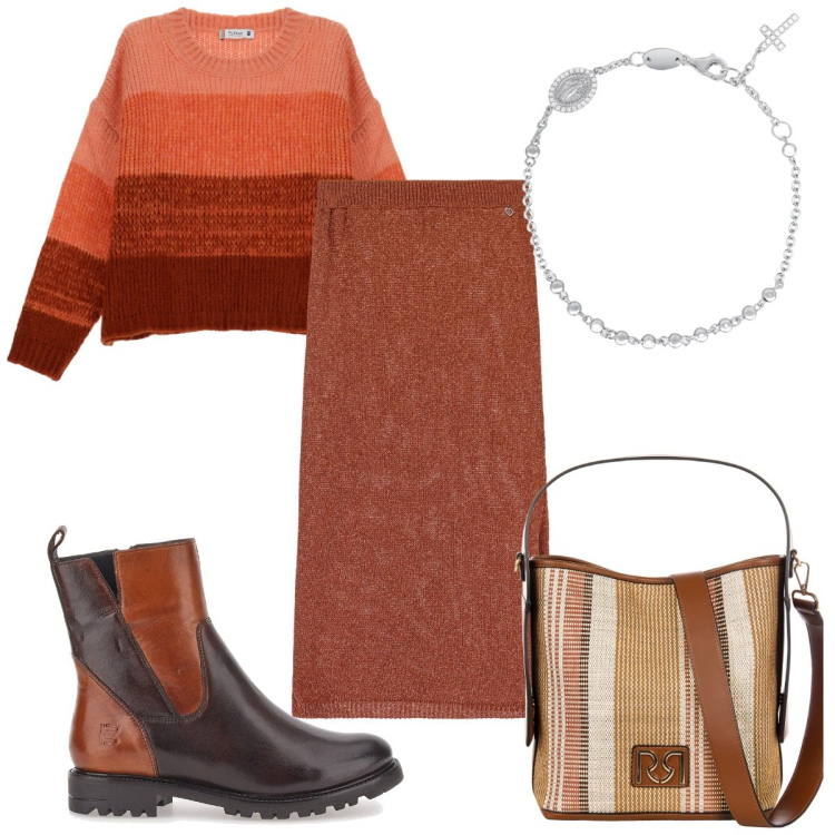 Outfit donna - Gonne midi e colori caldi. Stile Trendy per Tutti i giorni. Abbinamento con maglieria, gonne longuette, braccialetti con ciondoli, borse a secchiello, stivaletti.