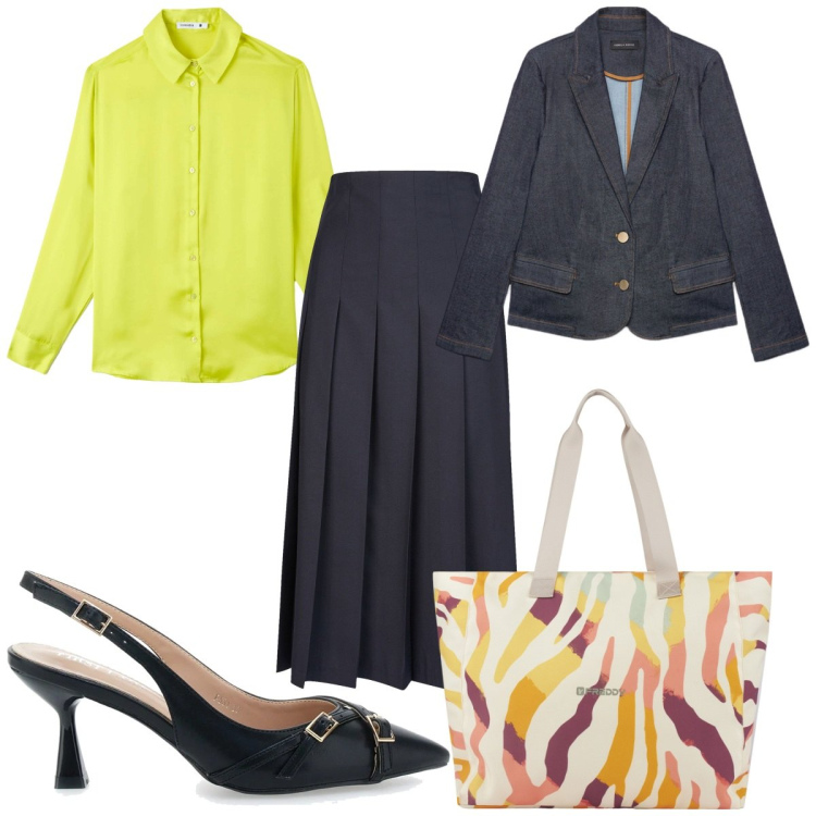 Outfit donna - Gonna midi trendy tutti i giorni. Stile Trendy per Tutti i giorni. Abbinamento con camicie, shopping bag, décolleté, blazer, gonne longuette.
