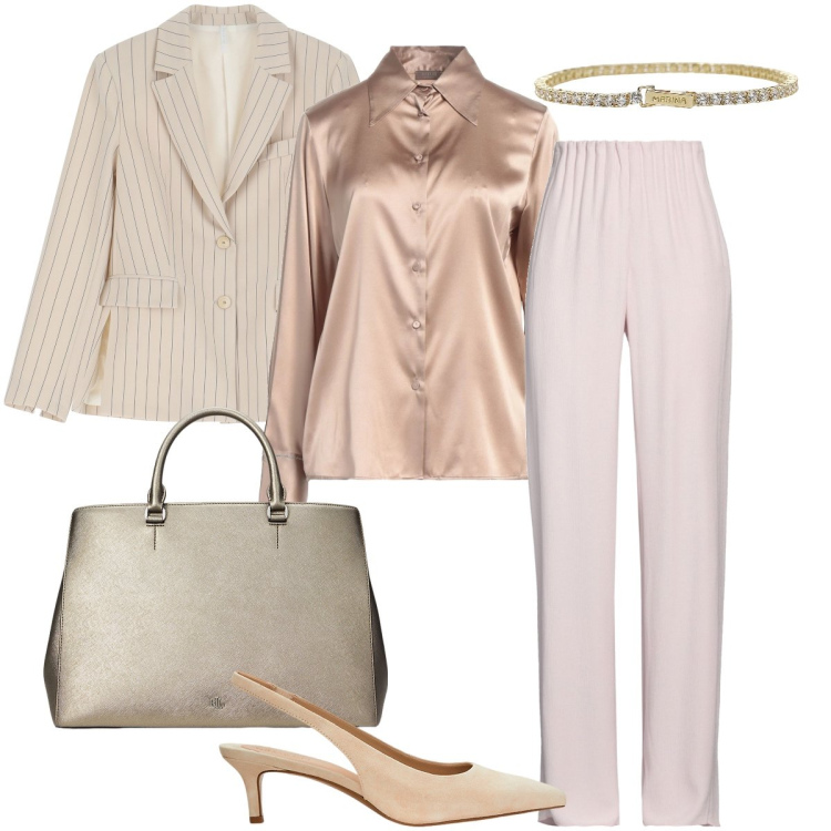 Outfit donna - Pastel power. Stile Chic per Cerimonia. Abbinamento con pantaloni, camicie, braccialetti, blazer, décolleté, borse a mano.