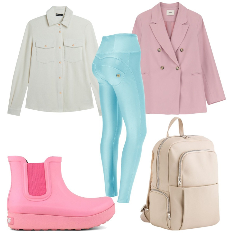 Outfit donna - Pantaloni slim fit in primavera. Stile Trendy per Tutti i giorni. Abbinamento con pantaloni skinny, camicie, blazer, stivali, zaini.