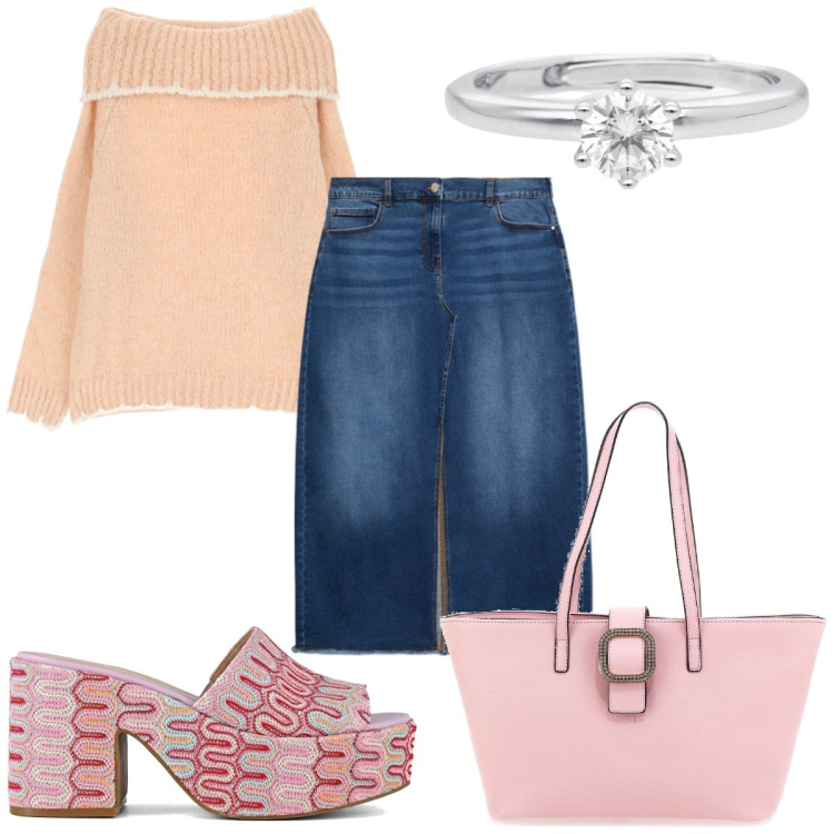 Outfit donna - Gonna midi in rosa. Stile Trendy per Tutti i giorni. Abbinamento con anelli, maglieria, sabot, gonne lunghe, borse a spalla.