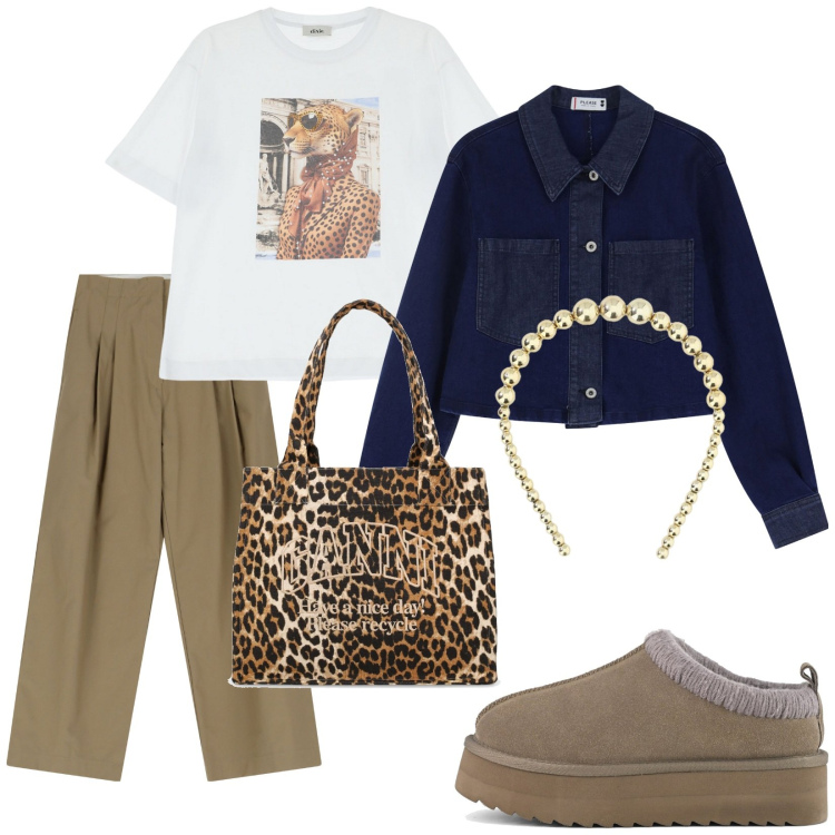 Outfit donna - Total look #2074051. Stile Casual chic per Tutti i giorni. Abbinamento con pantaloni, blazer, t-shirt, cerchietti, sabot, shopping bag.