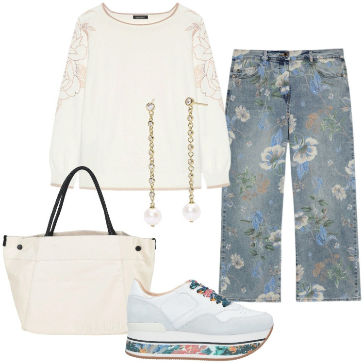 Outfit donna - Outfit fiorito. Stile Casual chic per Ufficio. Abbinamento con sneakers, borse a mano, orecchini, maglieria, jeans dritti.