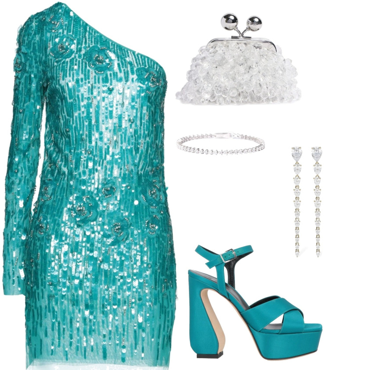 Outfit donna - Costa smeralda. Stile Glamour per Mare. Abbinamento con sandali in pelle, vestiti corti, braccialetti, orecchini, pochette.