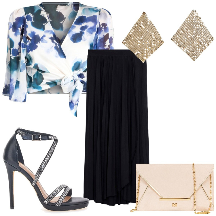 Outfit donna - La blusa glamour. Stile Glamour per Cerimonia. Abbinamento con gonne lunghe, orecchini, bluse, pochette, sandali col tacco.