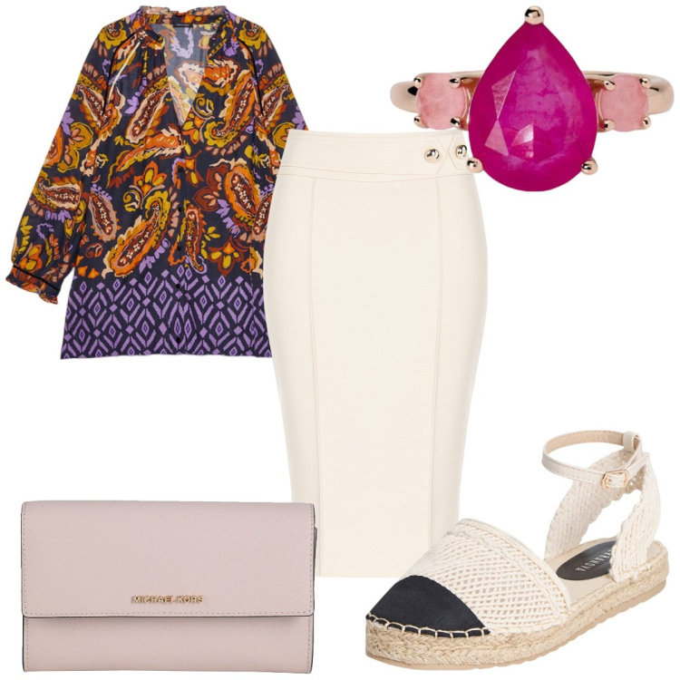 Outfit donna - Blusa etnica in primavera. Stile Etnico per Tutti i giorni. Abbinamento con borse a mano, espadrillas, anelli, gonne longuette, bluse.