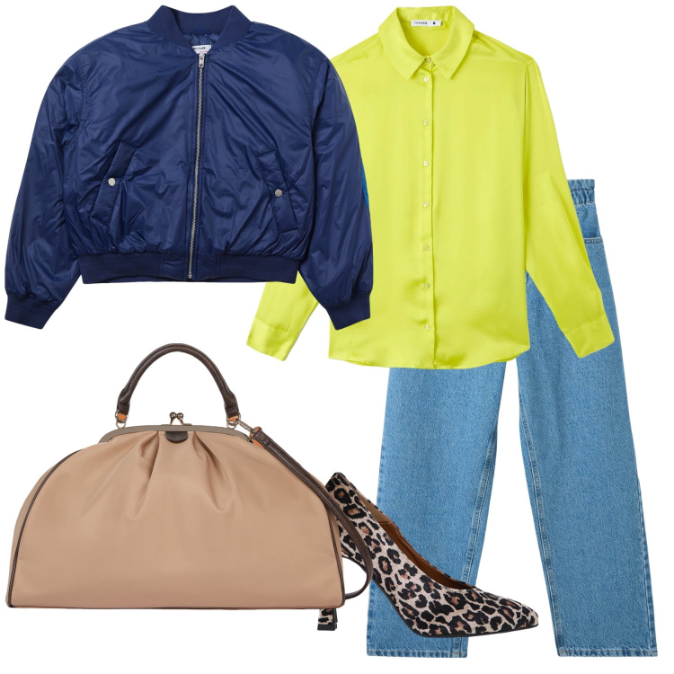 Outfit donna - Colazione al bar con amici. Stile Casual chic per Tutti i giorni. Abbinamento con jeans, bomber, camicie, décolleté, borse a spalla.