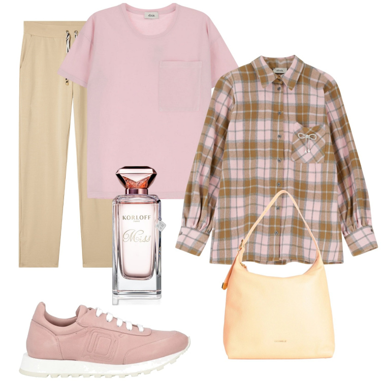 Outfit donna - Comodamente primavera. Stile Casual per Tutti i giorni. Abbinamento con sneakers, borse a spalla, profumi, pantaloni, camicie, t-shirt.
