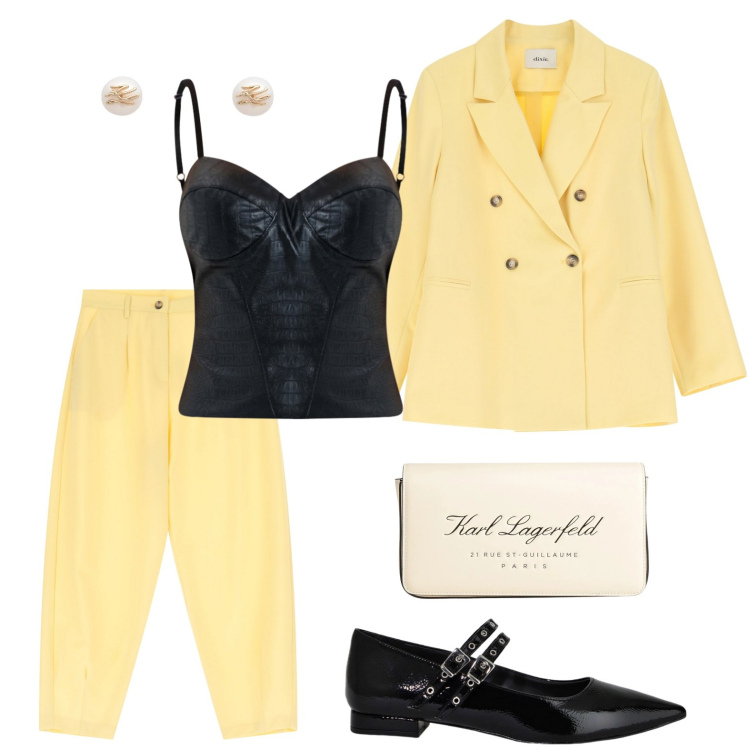 Outfit donna - Pastel Power. Stile Chic per Serata fuori. Abbinamento con orecchini, borse a mano, top, pantaloni, ballerine, blazer.
