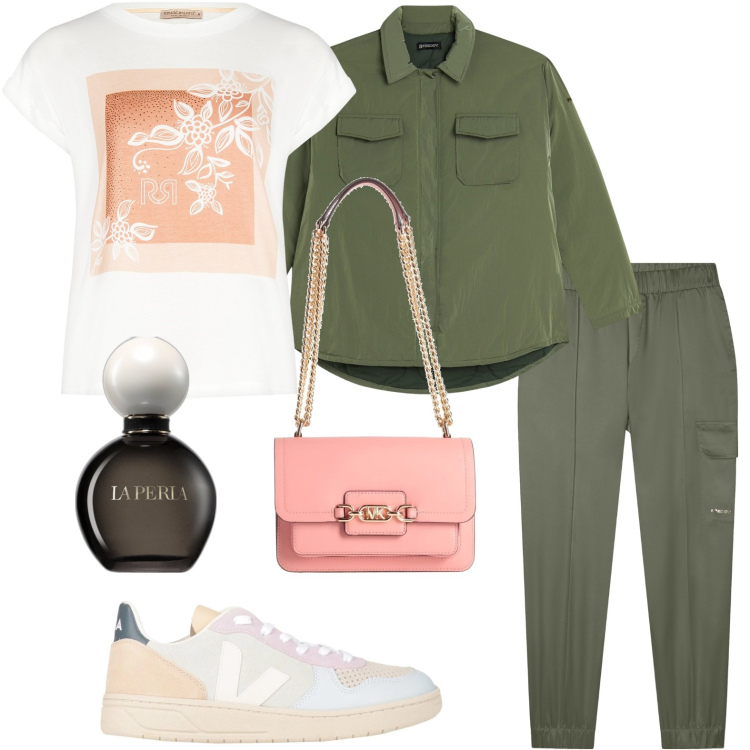 Outfit donna - Pastel Power. Stile Casual chic per Tutti i giorni. Abbinamento con borse a spalla, sneakers, profumi, t-shirt, camicie, pantaloni cargo.