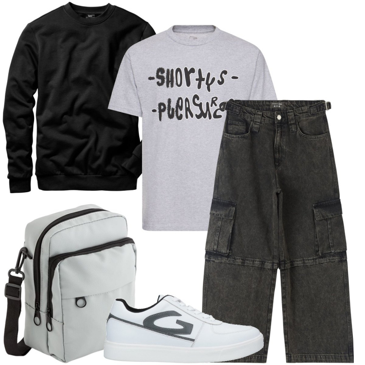 Outfit uomo - A scuola. Stile Urban per Tutti i giorni. Abbinamento con felpe, sneakers, jeans, t-shirt, borse sportive.