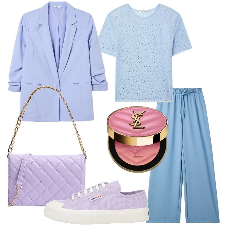Outfit donna - Pastel Power. Stile Casual chic per Tutti i giorni. Abbinamento con sneakers, blush, pantaloni, t-shirt, blazer, borse a tracolla.