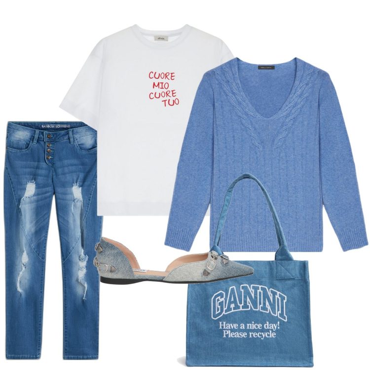 Outfit donna - Ballerine chic. Stile Casual chic per Scuola/Università. Abbinamento con jeans boyfriend, ballerine, t-shirt, maglieria, shopping bag.
