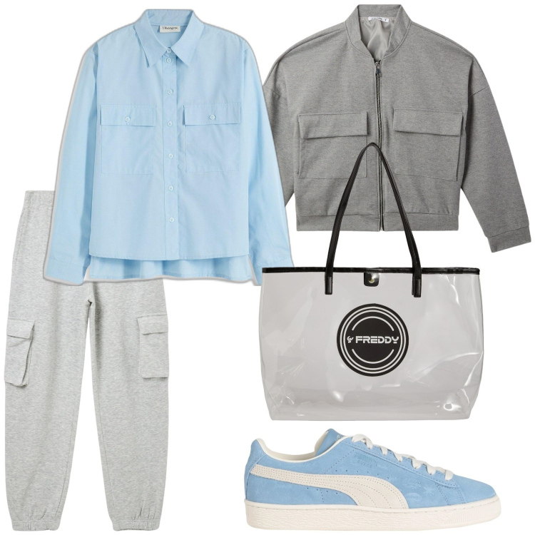 Outfit donna - Comoda con i cargo. Stile Basic per Scuola/Università. Abbinamento con camicie, sneakers, pantaloni cargo, bomber, shopping bag.